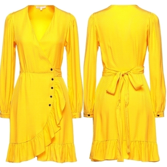 New Maje Seya Ruffled Polka-Dot Jacquard Marigold Wrap Dress NWT 10 US=XL/42 FR - Picture 9 of 10